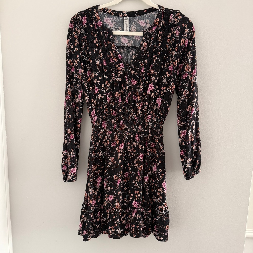 American Rag‎ Floral Smocked Waist Mini Dress Black Pink Boho V-Neck XXS Cottage